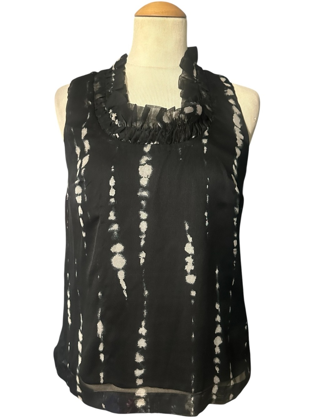 Ann Taylor Ruffle Neck Tie Dye Paint Splash Blouse Black Gray Size XS
